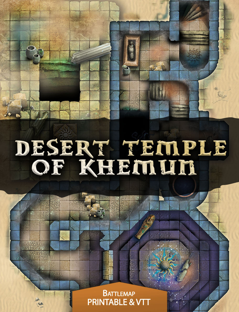 Desert Temple Khemun is a free d&d map - Egyptian d&d dungeon map. Print and Play or use in VTT such as Roll20, Fantasy Grounds
